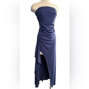 Dusty Blue Strapless Ruched Maxi Dress Thigh-High Slit - Women’s Small